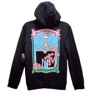 NWT MTV Skeleton & Floral Graphic Black Hoodie Sweatshirt Sz XS Goblincore Goth